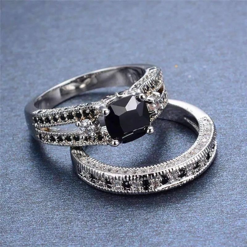 18K White Gold Plated Midnight Rendezvous Black CZ Solitaire Engagement Ring Set for Woman