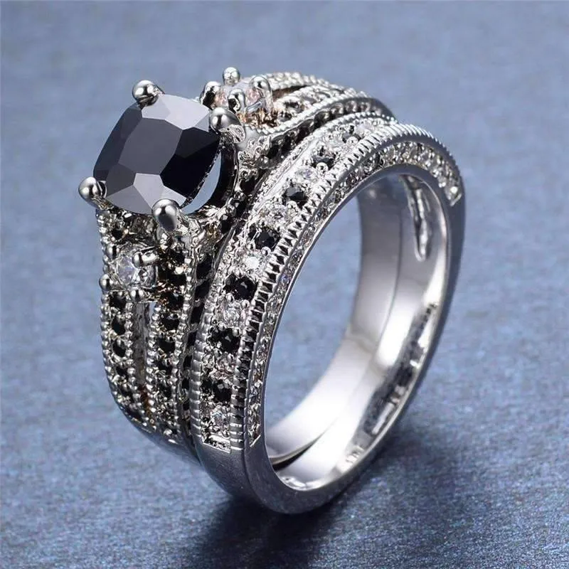 18K White Gold Plated Midnight Rendezvous Black CZ Solitaire Engagement Ring Set for Woman