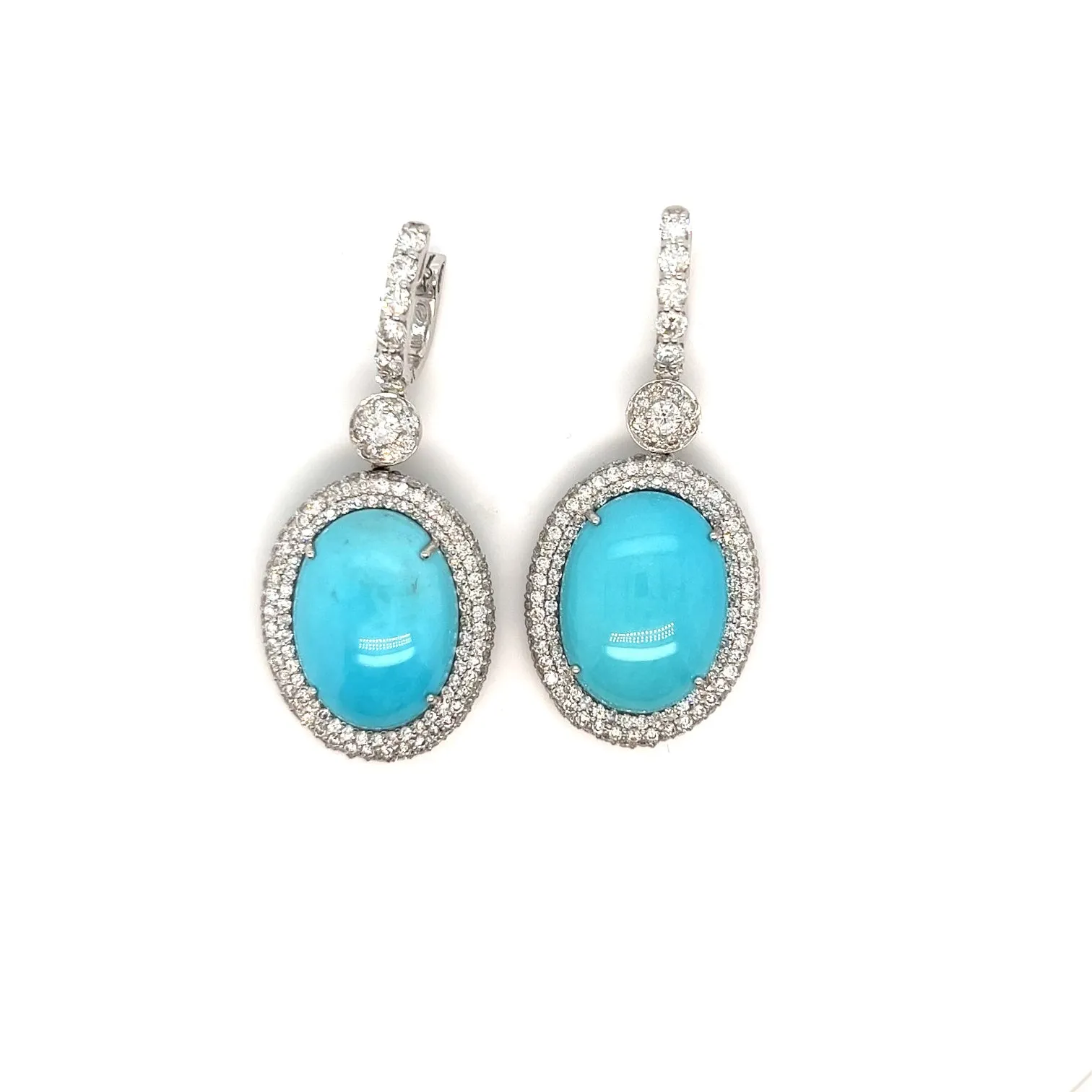 18kt White Gold Chandelier Hoop Diamond with Oval Cabochon Turquoise Drops