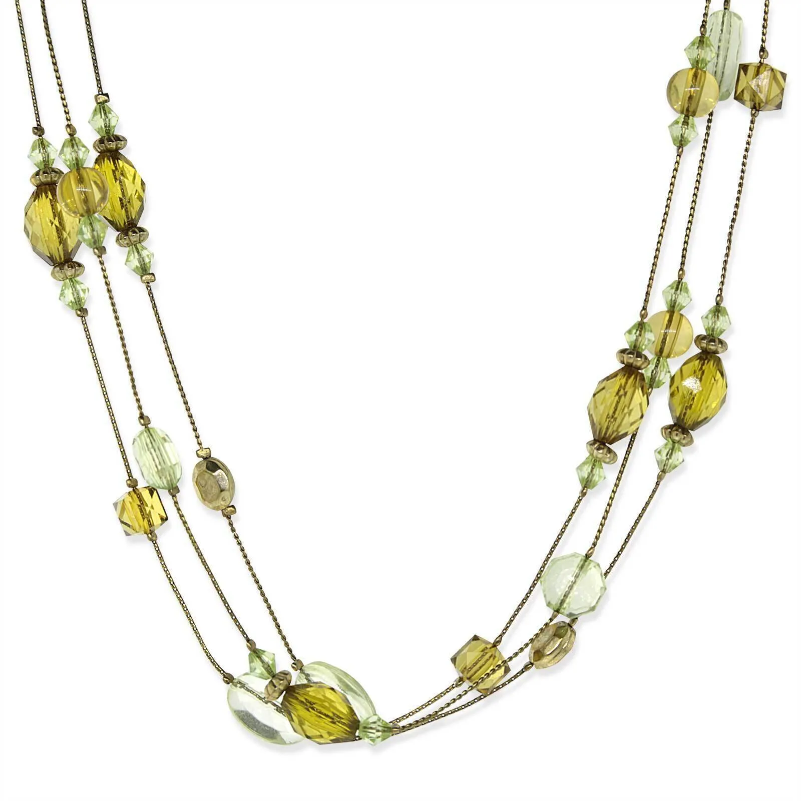 1928 Jewelry Brass Olivine Multi-Row Strandage Necklace 16"   3" Extender