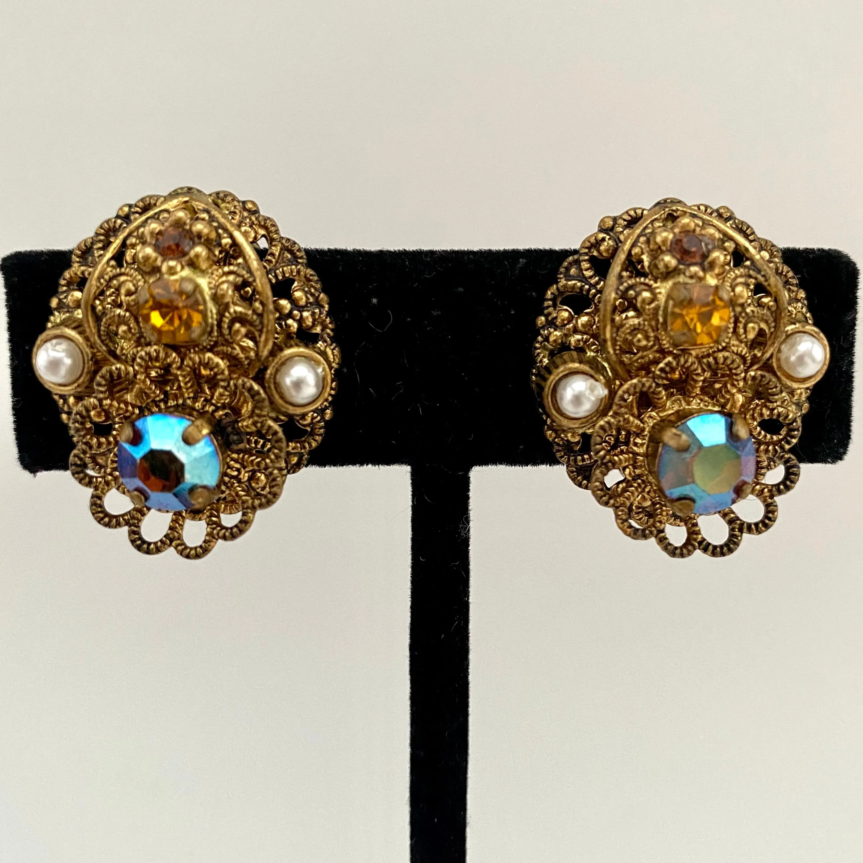 1960s West German Filigree & Rhinestone Earrings