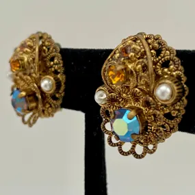 1960s West German Filigree & Rhinestone Earrings