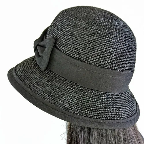 206-d Crochet Raffia Sun Hat bucket hat with adjustable fit with black bow trim, solid black