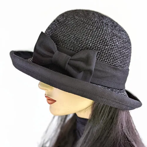 206-d Crochet Raffia Sun Hat bucket hat with adjustable fit with black bow trim, solid black