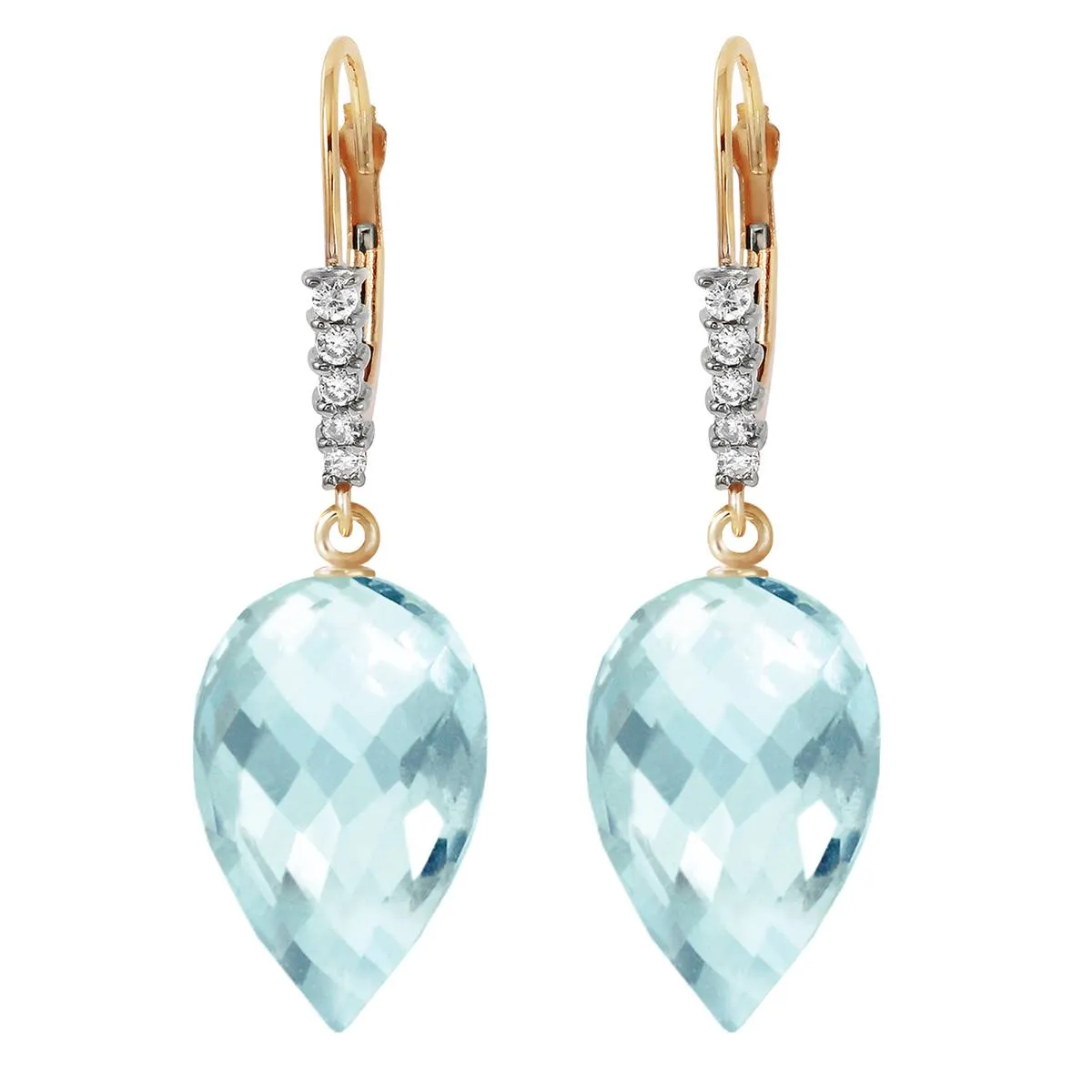 22.65 Carat 14K Solid Yellow Gold Drop Briolette Blue Topaz Diamond Earrings