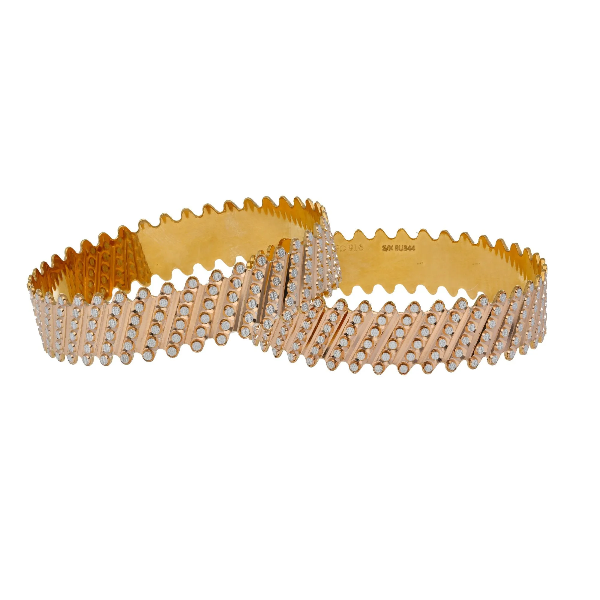 22K Multi Tone Gold Laser Bangles Set of 2 W/ Diagonal Diamond Cutting Accents