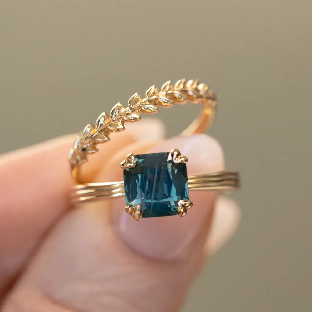 2.33ct Teal Cushion Cut Sapphire Low Profile Tri-Band "Three Winds" Double Prong Tapered Solitaire in 14k Yellow Gold