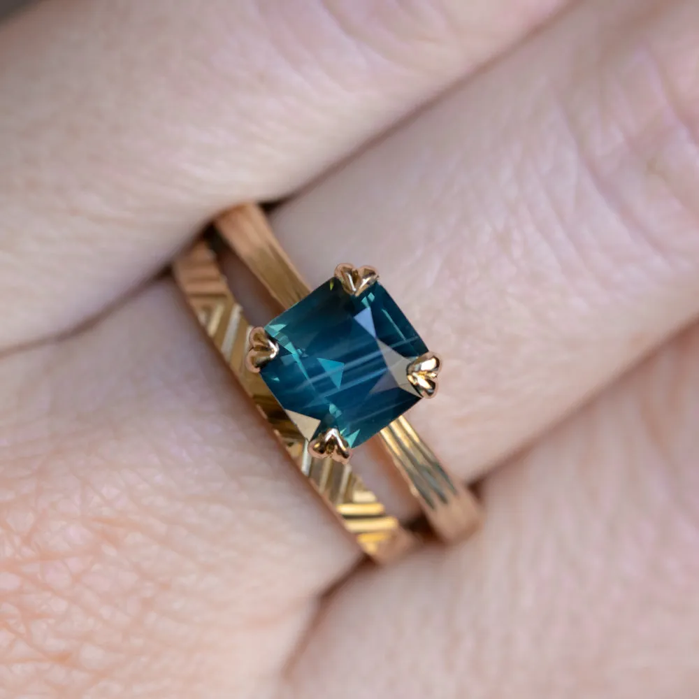 2.33ct Teal Cushion Cut Sapphire Low Profile Tri-Band "Three Winds" Double Prong Tapered Solitaire in 14k Yellow Gold