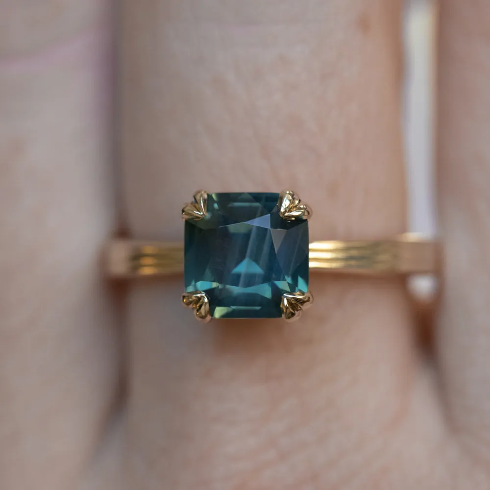 2.33ct Teal Cushion Cut Sapphire Low Profile Tri-Band "Three Winds" Double Prong Tapered Solitaire in 14k Yellow Gold