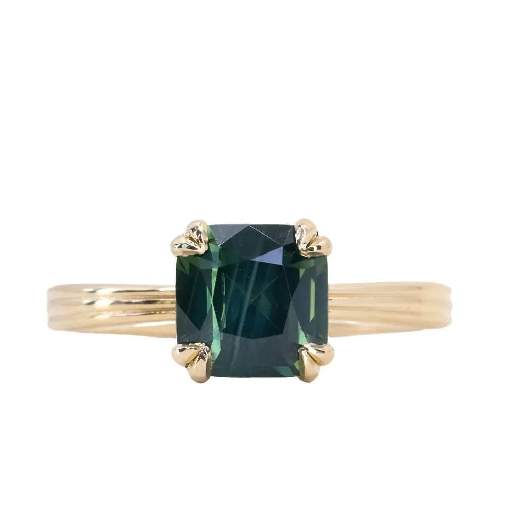 2.33ct Teal Cushion Cut Sapphire Low Profile Tri-Band "Three Winds" Double Prong Tapered Solitaire in 14k Yellow Gold