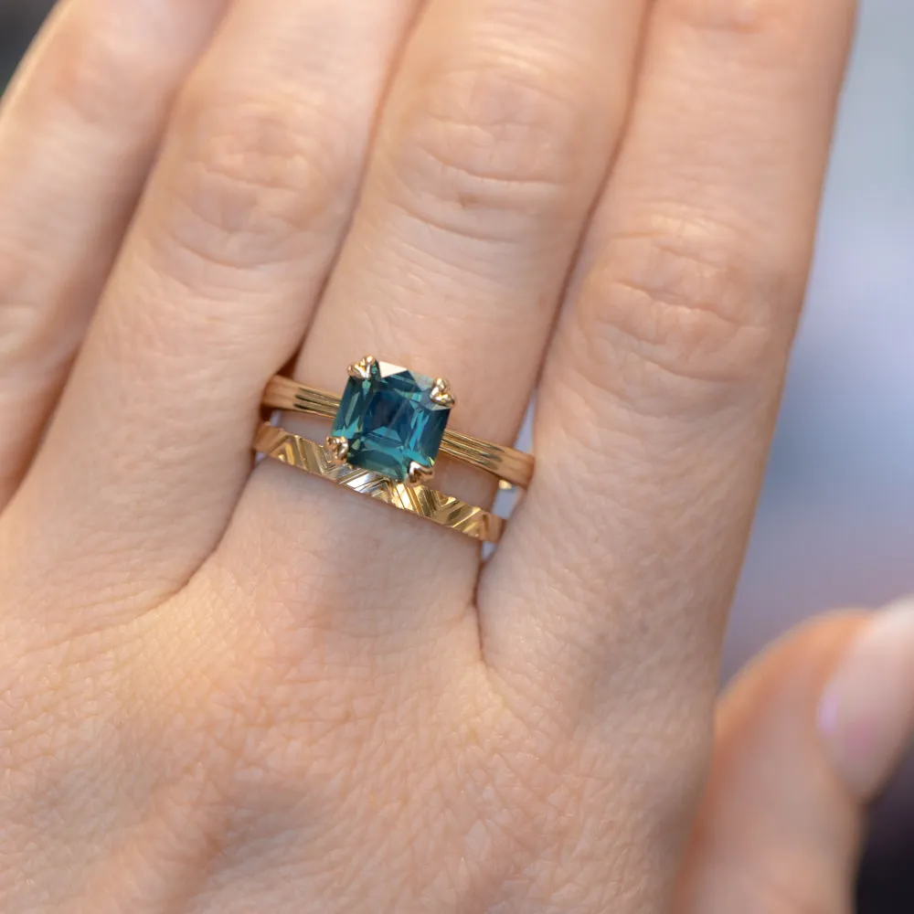 2.33ct Teal Cushion Cut Sapphire Low Profile Tri-Band "Three Winds" Double Prong Tapered Solitaire in 14k Yellow Gold