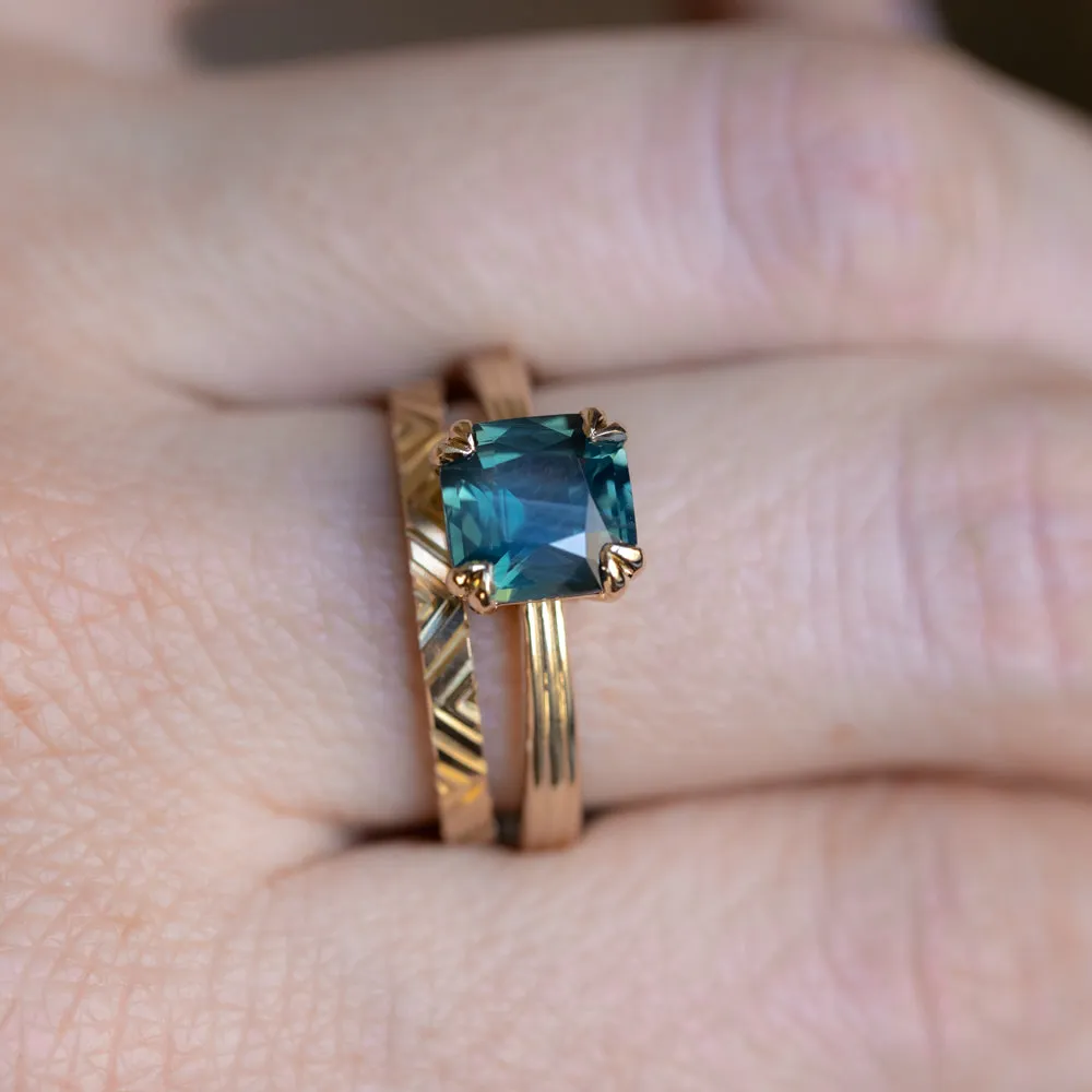 2.33ct Teal Cushion Cut Sapphire Low Profile Tri-Band "Three Winds" Double Prong Tapered Solitaire in 14k Yellow Gold