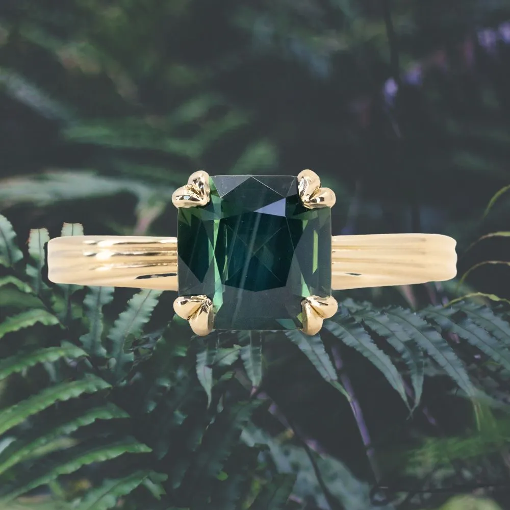 2.33ct Teal Cushion Cut Sapphire Low Profile Tri-Band "Three Winds" Double Prong Tapered Solitaire in 14k Yellow Gold