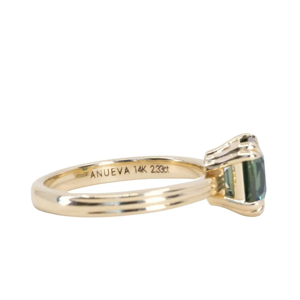 2.33ct Teal Cushion Cut Sapphire Low Profile Tri-Band "Three Winds" Double Prong Tapered Solitaire in 14k Yellow Gold