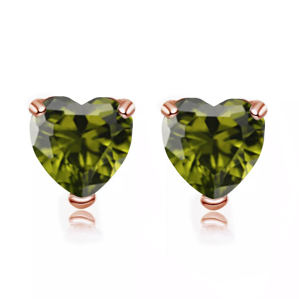 24k Rose Gold Plated 1 Carat Heart Created Peridot Stud Earrings