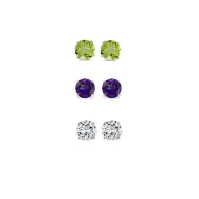 24k White Gold Plated 1Ct Created Peridot, Amethyst and White Sapphire 3 Pair Round Stud Earrings