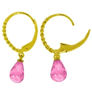 3 Carat 14K Solid Yellow Gold Leverback Earrings Briolette Pink Topaz