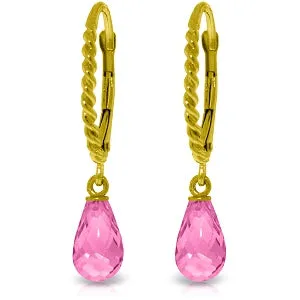 3 Carat 14K Solid Yellow Gold Leverback Earrings Briolette Pink Topaz