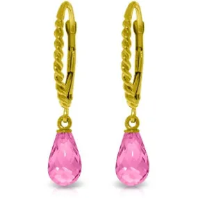 3 Carat 14K Solid Yellow Gold Leverback Earrings Briolette Pink Topaz