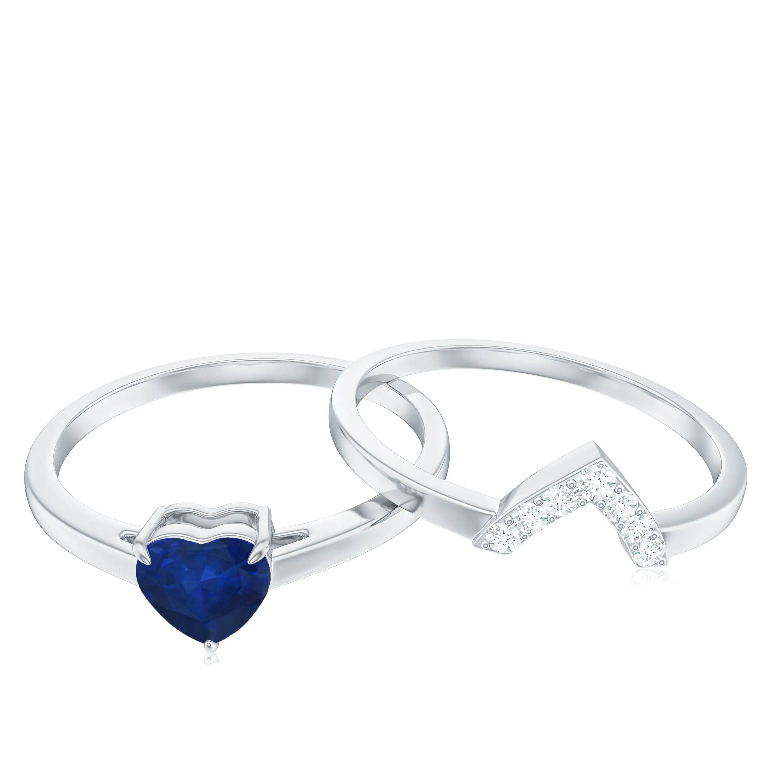 3/4 CT Heart Shape Blue Sapphire Solitaire Ring Set with Diamond Chevron Band