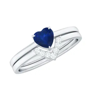 3/4 CT Heart Shape Blue Sapphire Solitaire Ring Set with Diamond Chevron Band