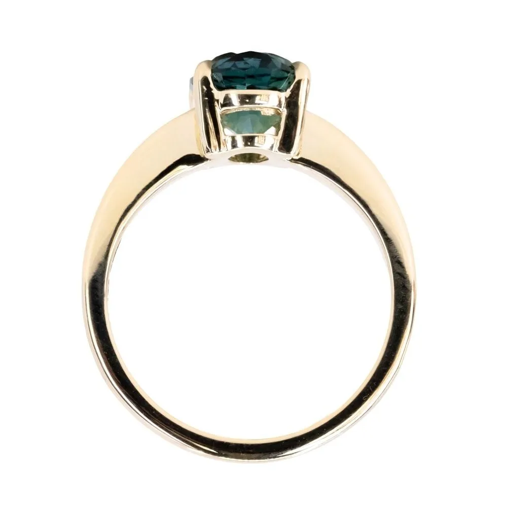 3.59ct Oval Deep Teal Madagascar Sapphire Low Profile Tri-Band "Three Winds" 4 Prong Solitaire in 14k Yellow Gold