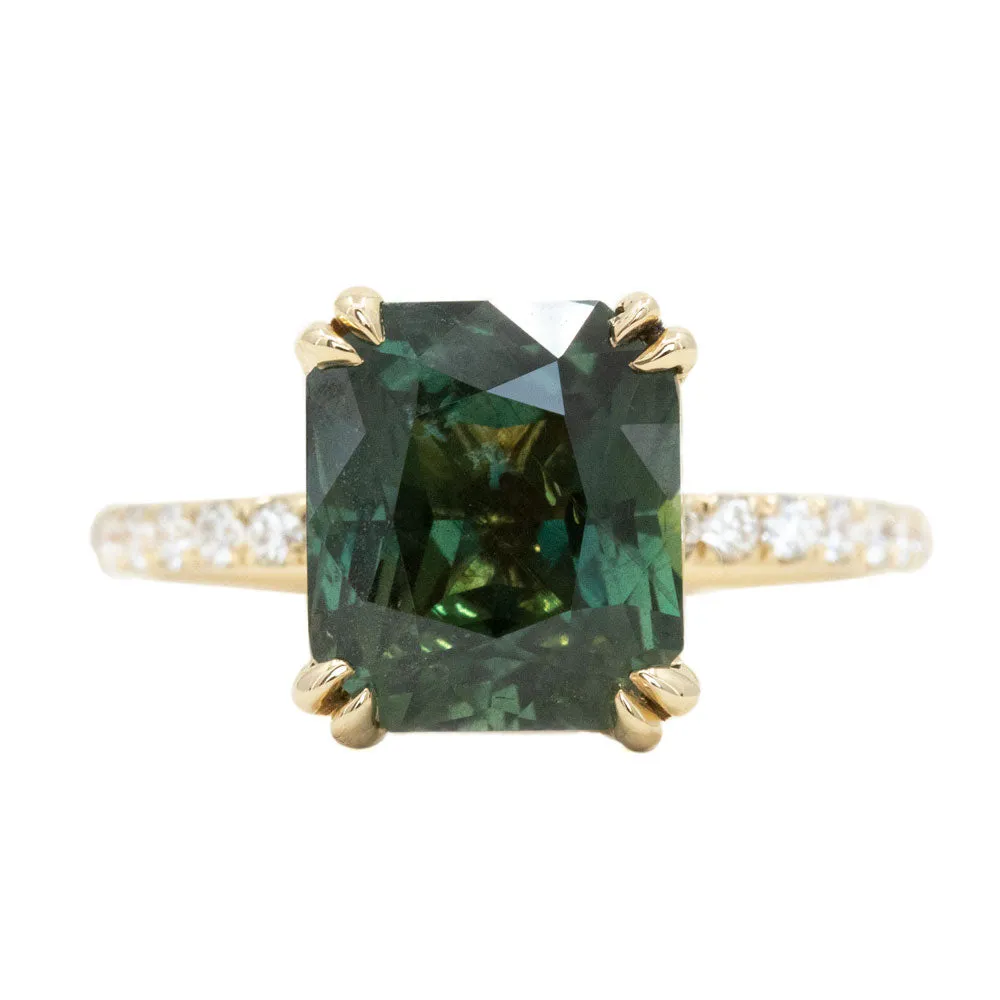 4.52ct Forest Green Radiant Cut Sapphire Double Claw Prong Solitaire with Diamonds in 14k Yellow Gold