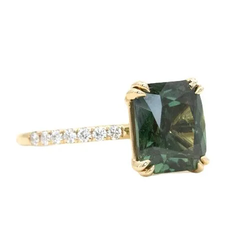 4.52ct Forest Green Radiant Cut Sapphire Double Claw Prong Solitaire with Diamonds in 14k Yellow Gold