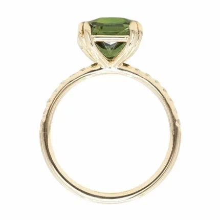 4.52ct Forest Green Radiant Cut Sapphire Double Claw Prong Solitaire with Diamonds in 14k Yellow Gold