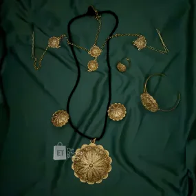 5-piece Round Shaped Golden Ethiopian Jewelry Set Habesha Jewelry Including Black Thread Chained Necklace, Earrings, Rings. Bracelet and Headpiece