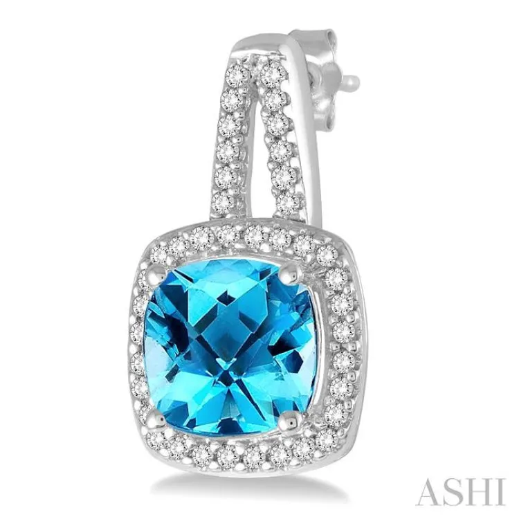 7x7 MM Cushion Cut Blue Topaz and 1/4 Ctw Round Cut Diamond Earrings in 10K White Gold