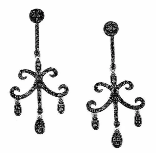 .86CT BLACK DIAMOND 14KT WHITE GOLD 3D LEUR DE LIS CHANDELIER HANGING EARRINGS