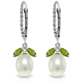 9 Carat 14K Solid White Gold Leverback Earrings Peridot Pearl