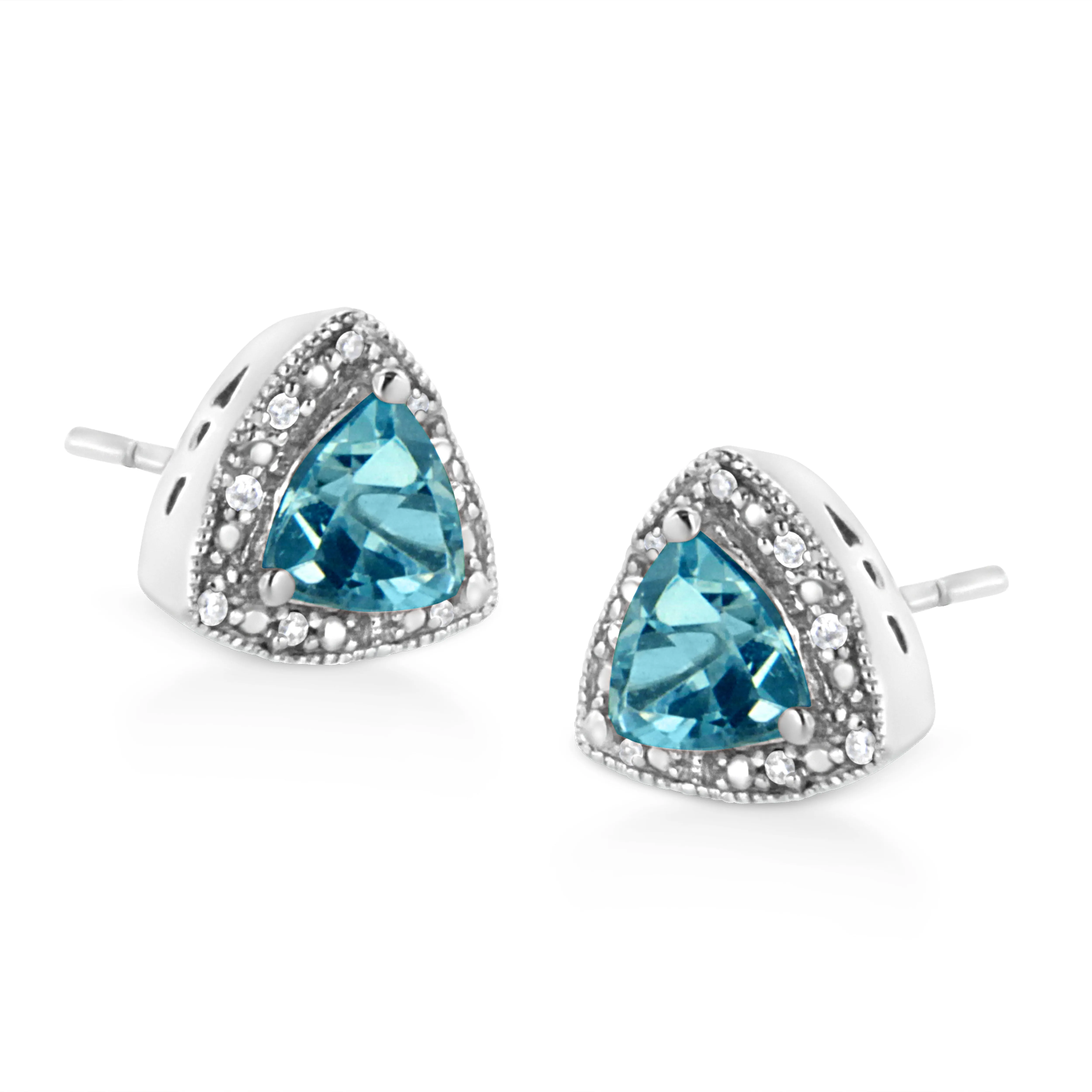 .925 Sterling Silver 6x6 mm Trillion Cut Blue Topaz Gemstone and Diamond Accent Stud Earring