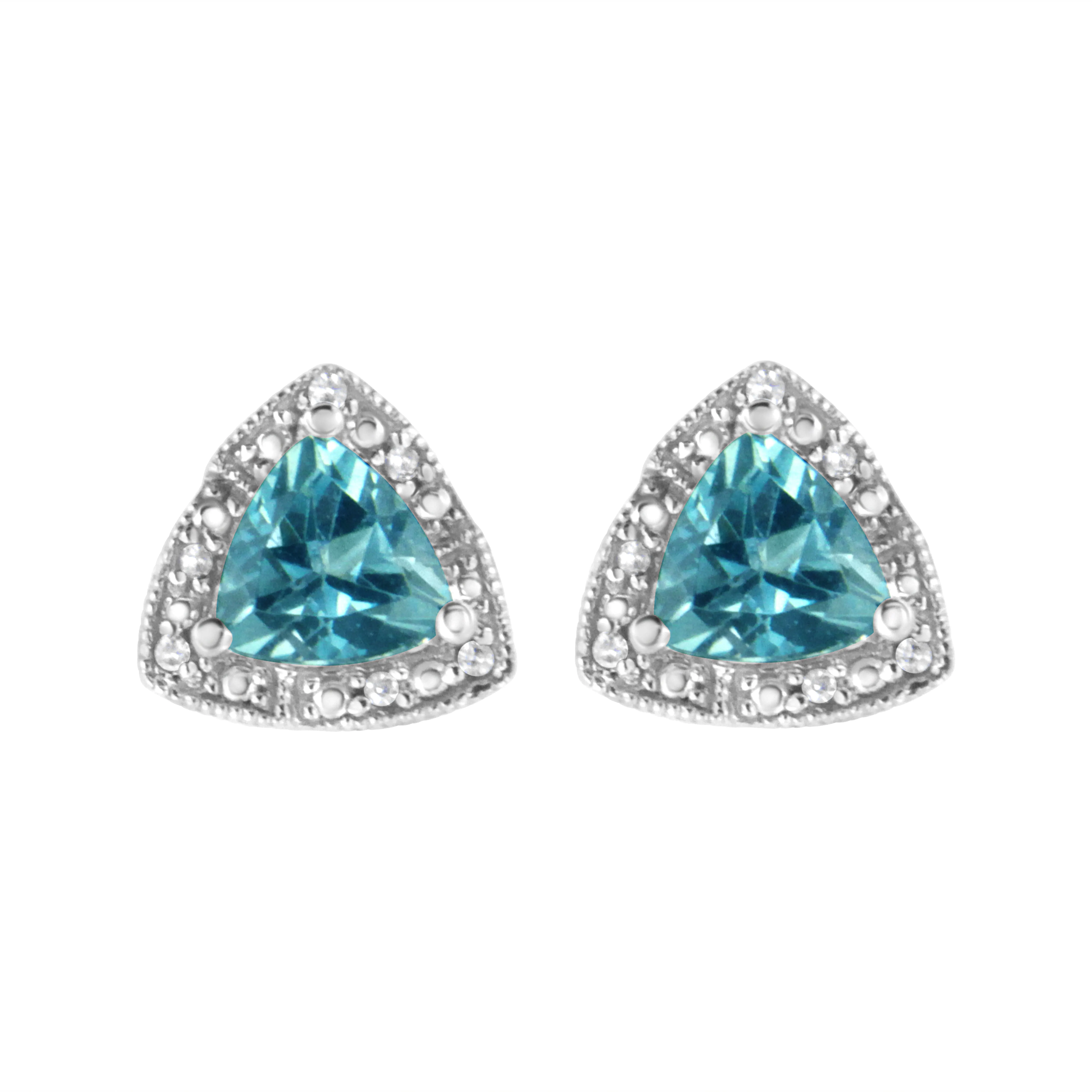 .925 Sterling Silver 6x6 mm Trillion Cut Blue Topaz Gemstone and Diamond Accent Stud Earring