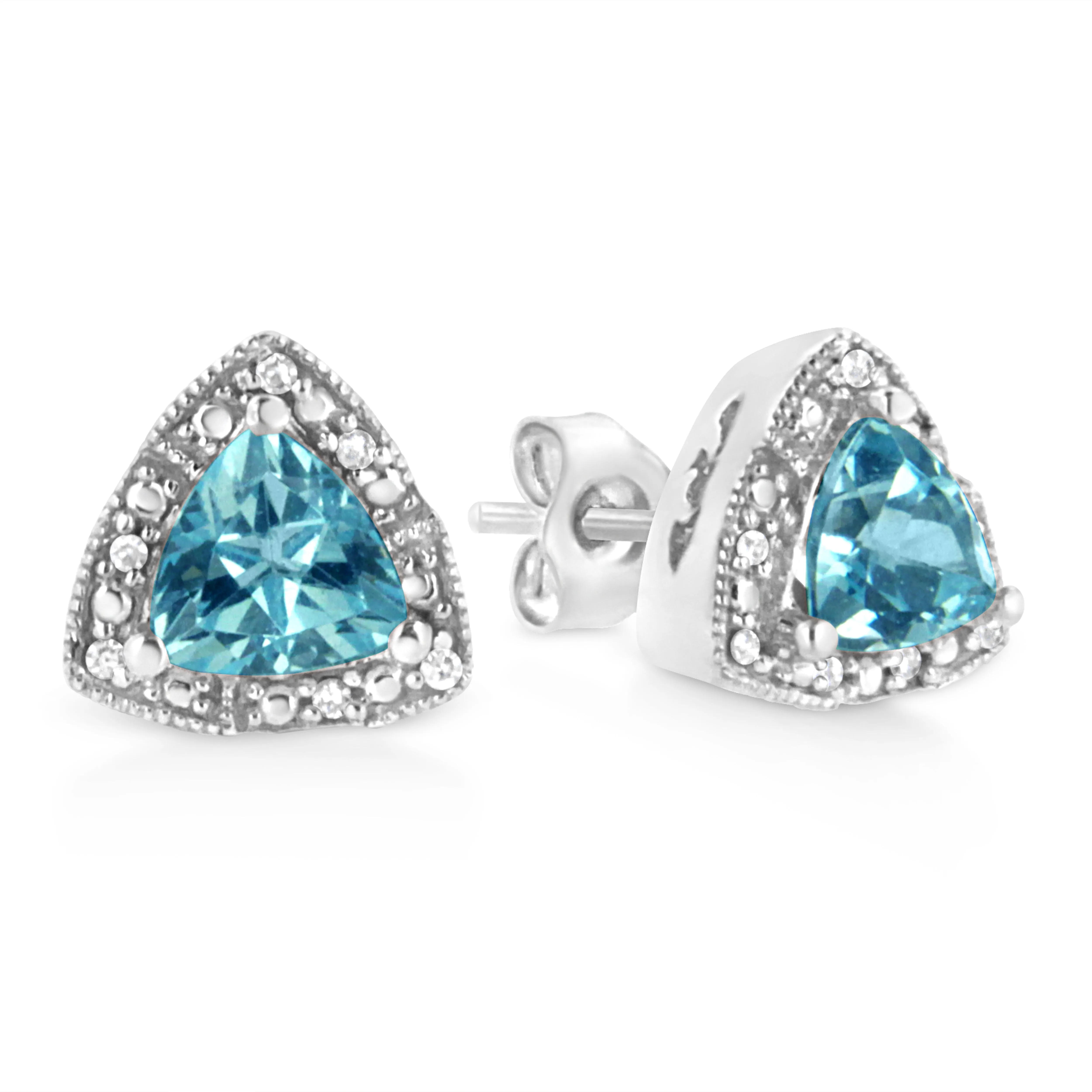 .925 Sterling Silver 6x6 mm Trillion Cut Blue Topaz Gemstone and Diamond Accent Stud Earring