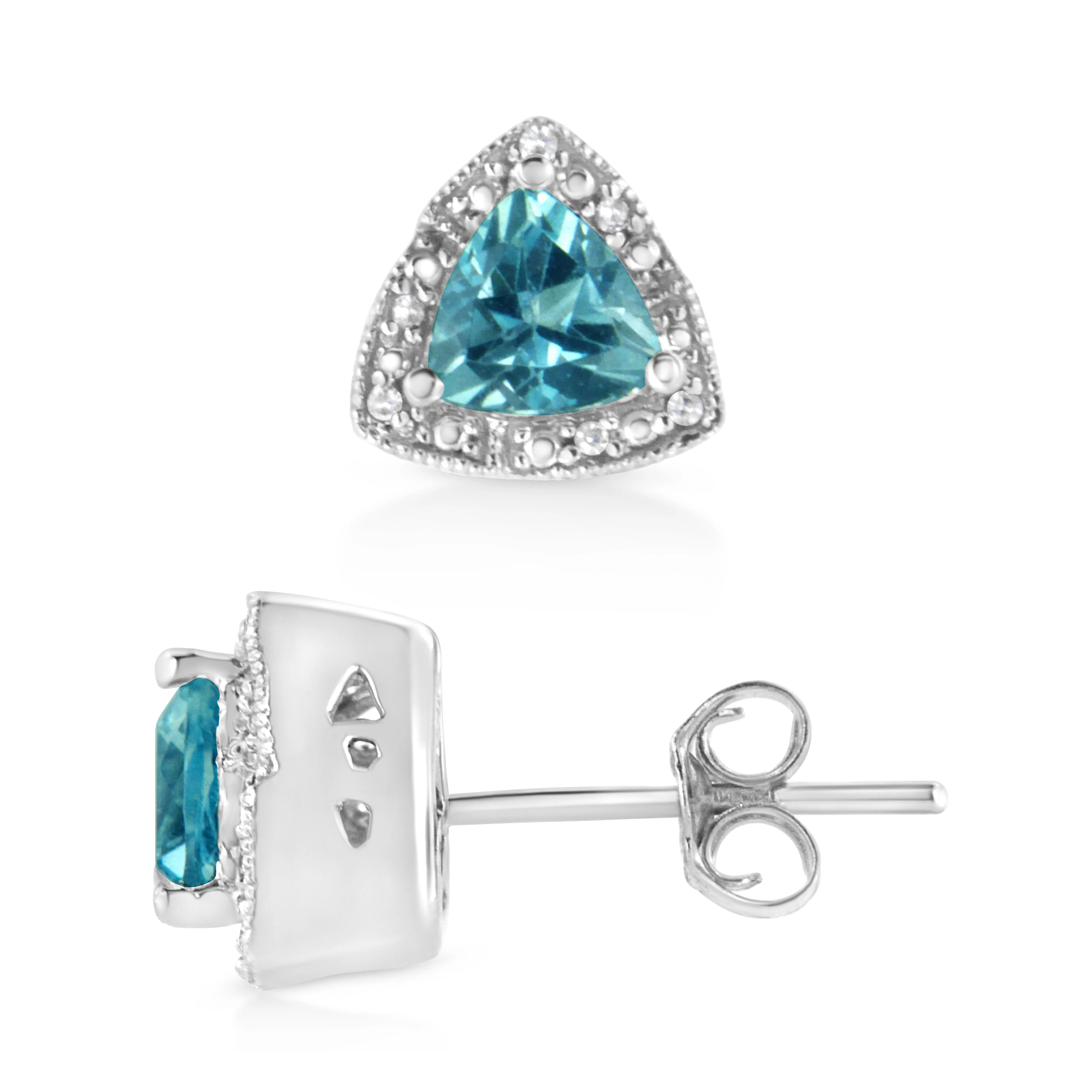 .925 Sterling Silver 6x6 mm Trillion Cut Blue Topaz Gemstone and Diamond Accent Stud Earring