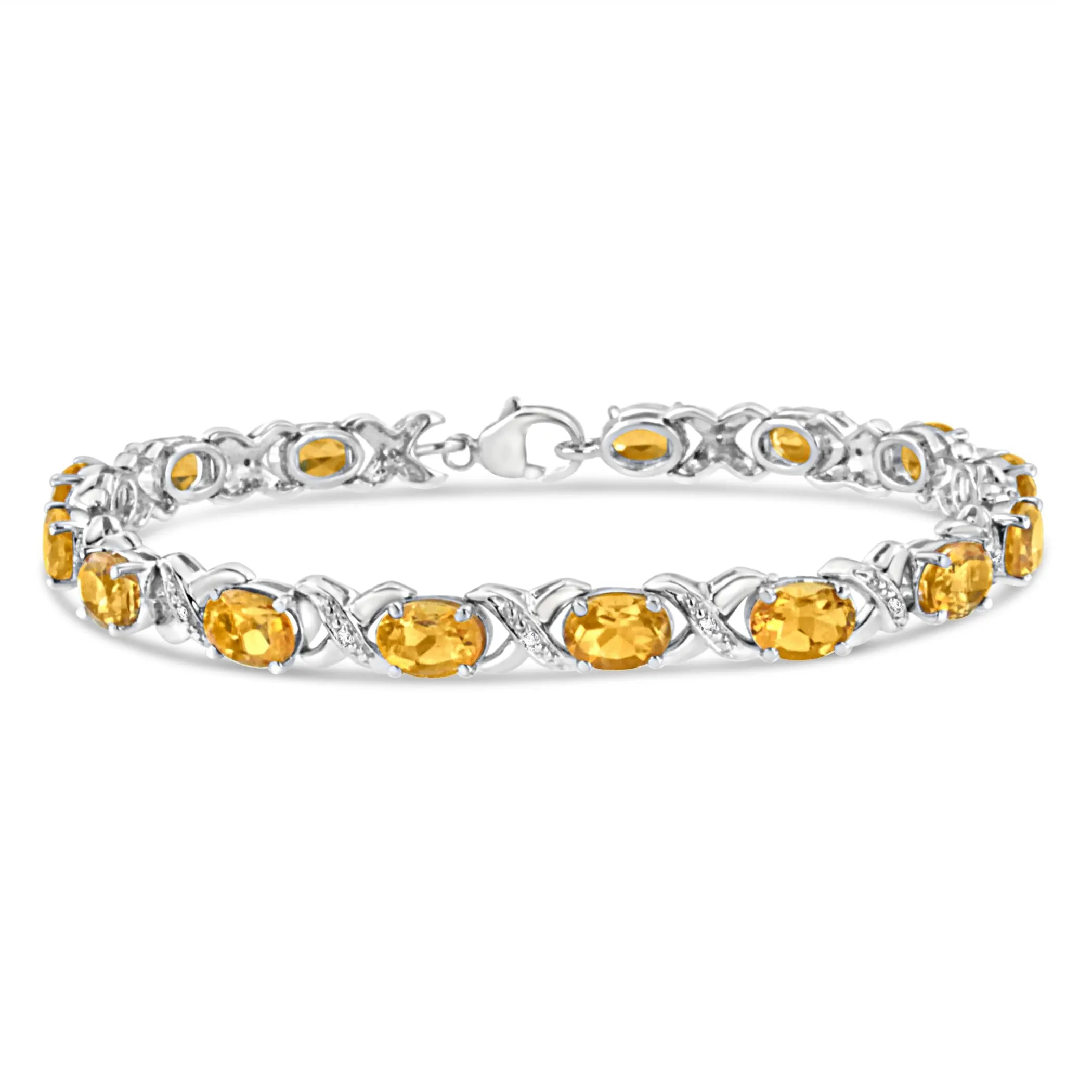 .925 Sterling Silver 7x5 mm Oval Cut Orange Citrine and 1/20 cttw Round Cut Diamond Fashion Tennis Bracelet (I-J Color, I1-I2 Clarity) - 7"