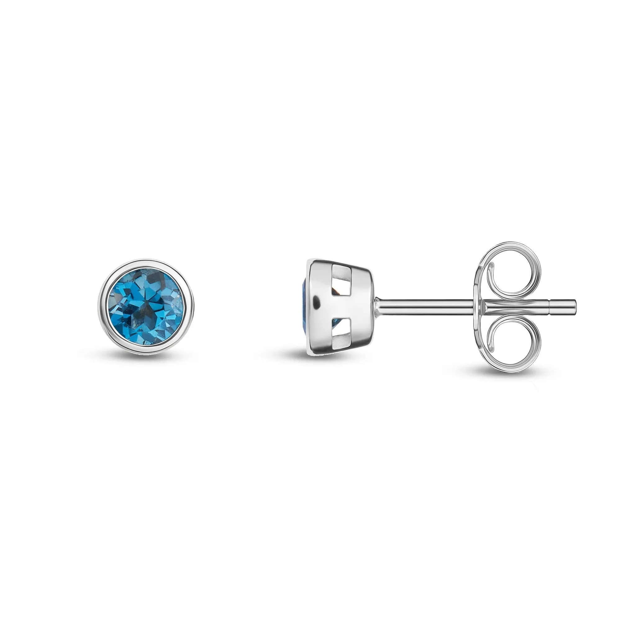 9ct White Gold 3mm London Blue Topaz Rubover Stud Earrings 0.27ct