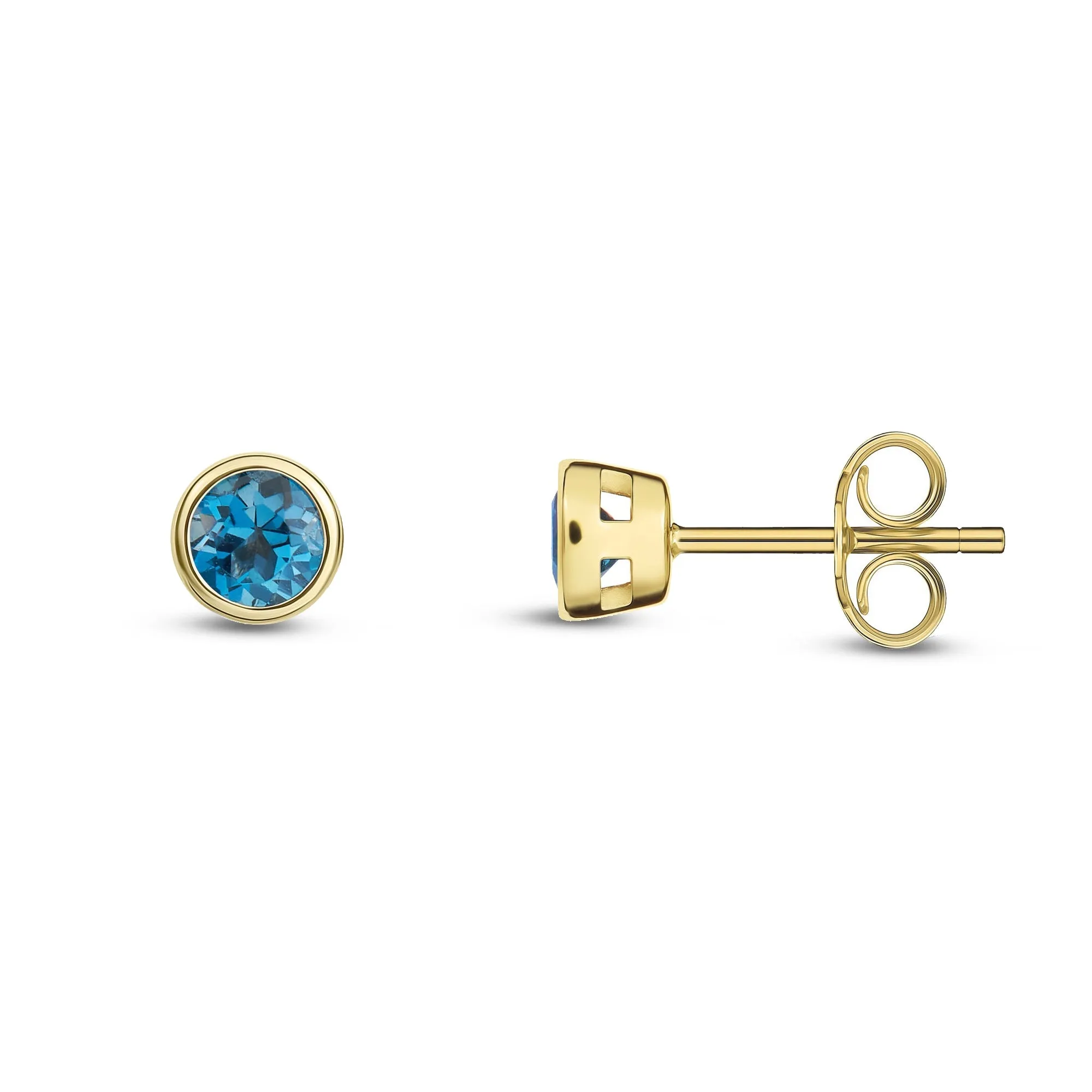 9ct Yellow Gold 3mm London Blue Topaz Rubover Stud Earrings 0.27ct