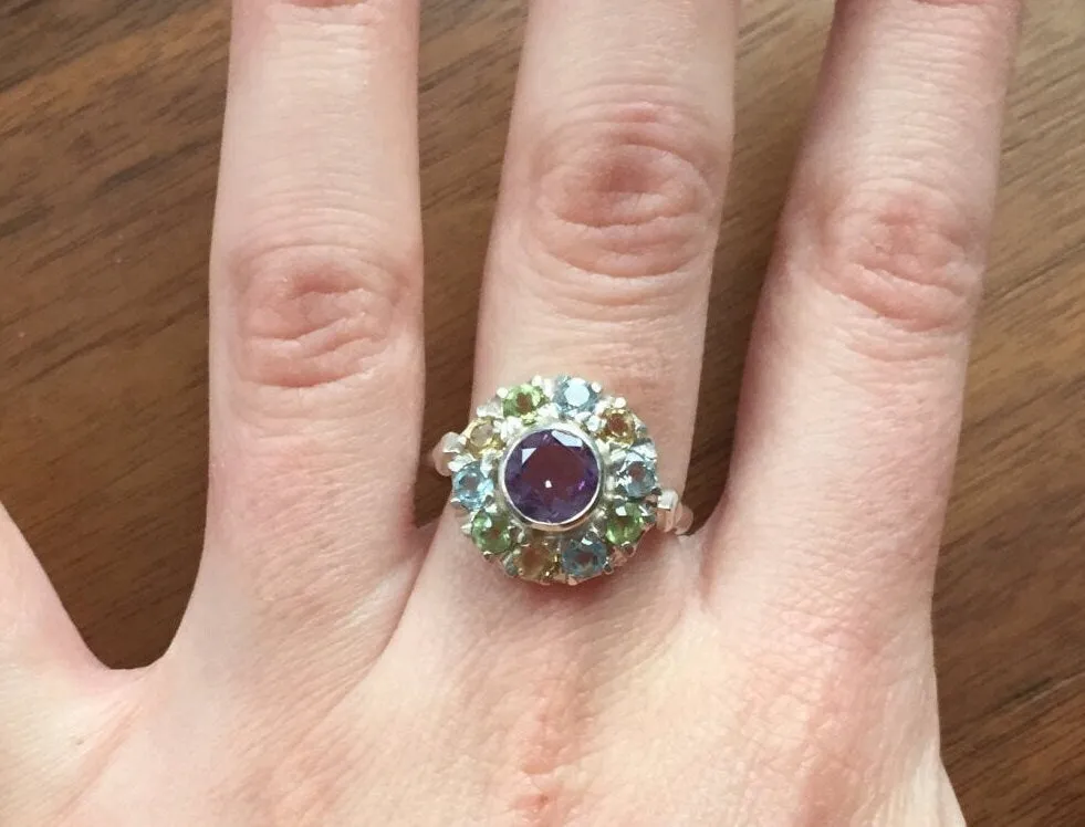 Amethyst Flower Ring - Multistone Ring - Natural Amethyst Ring