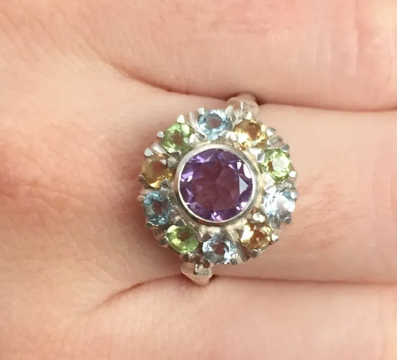 Amethyst Flower Ring - Multistone Ring - Natural Amethyst Ring