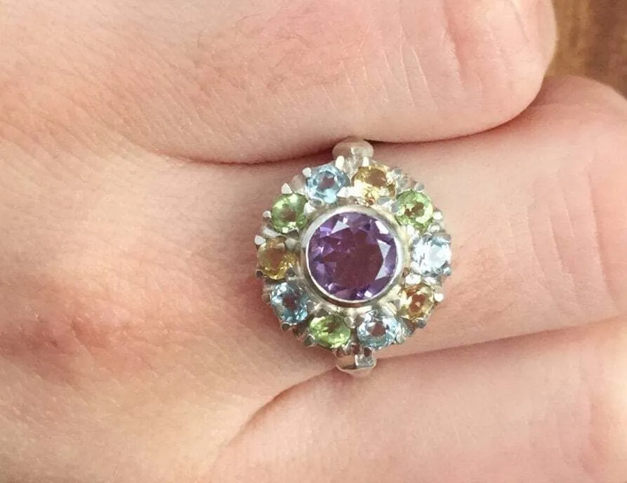 Amethyst Flower Ring - Multistone Ring - Natural Amethyst Ring