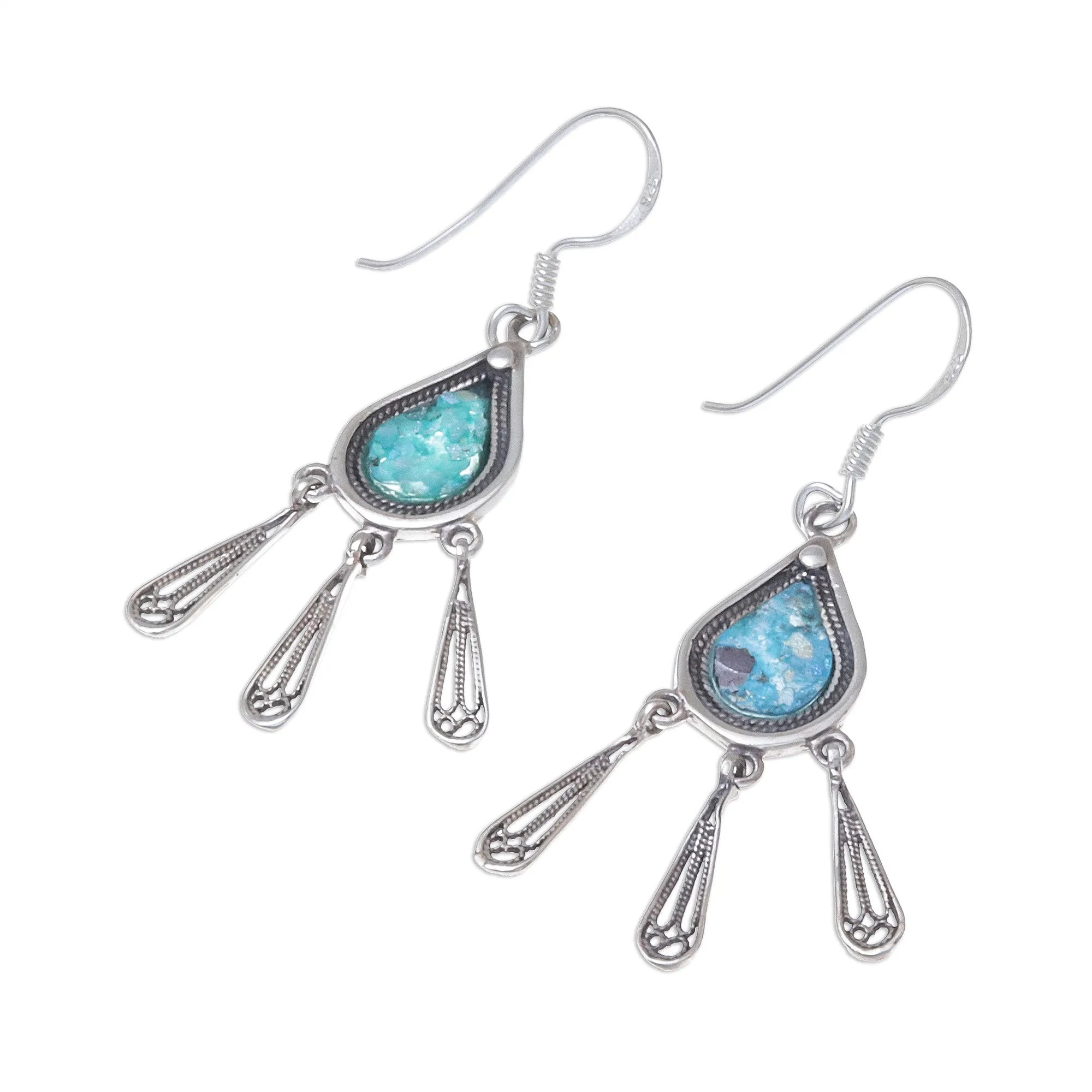 Ancient Rain Drop-Shaped Roman Glass Chandelier Earrings from Thailand