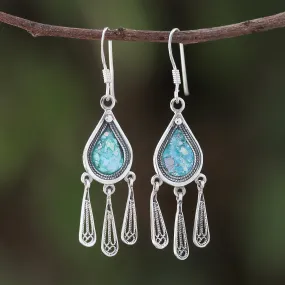 Ancient Rain Drop-Shaped Roman Glass Chandelier Earrings from Thailand