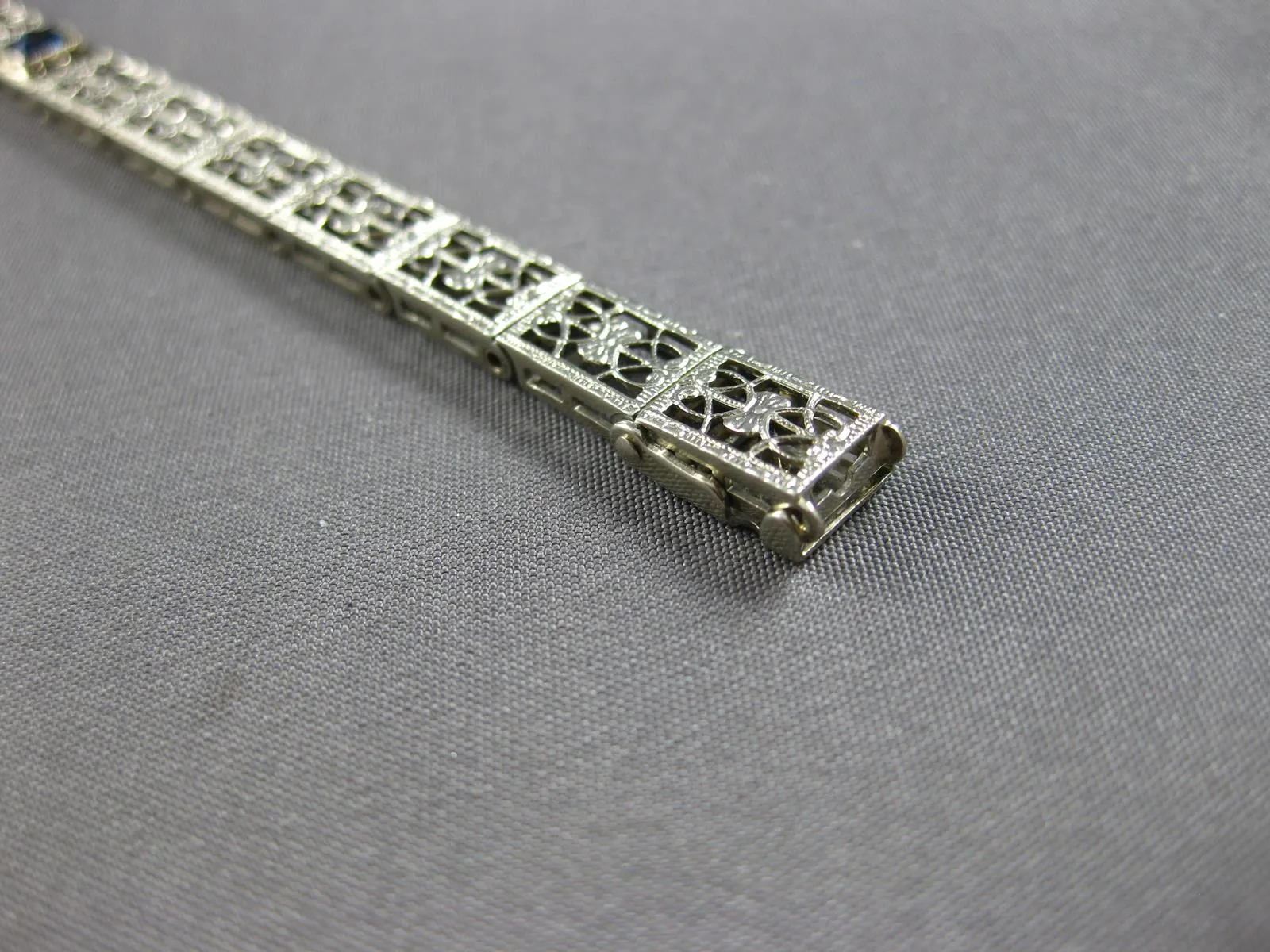 ANTIQUE .90CT AAA SAPPHIRE 14K WHITE GOLD ART DECO SQUARE TENNIS BRACELET #27816