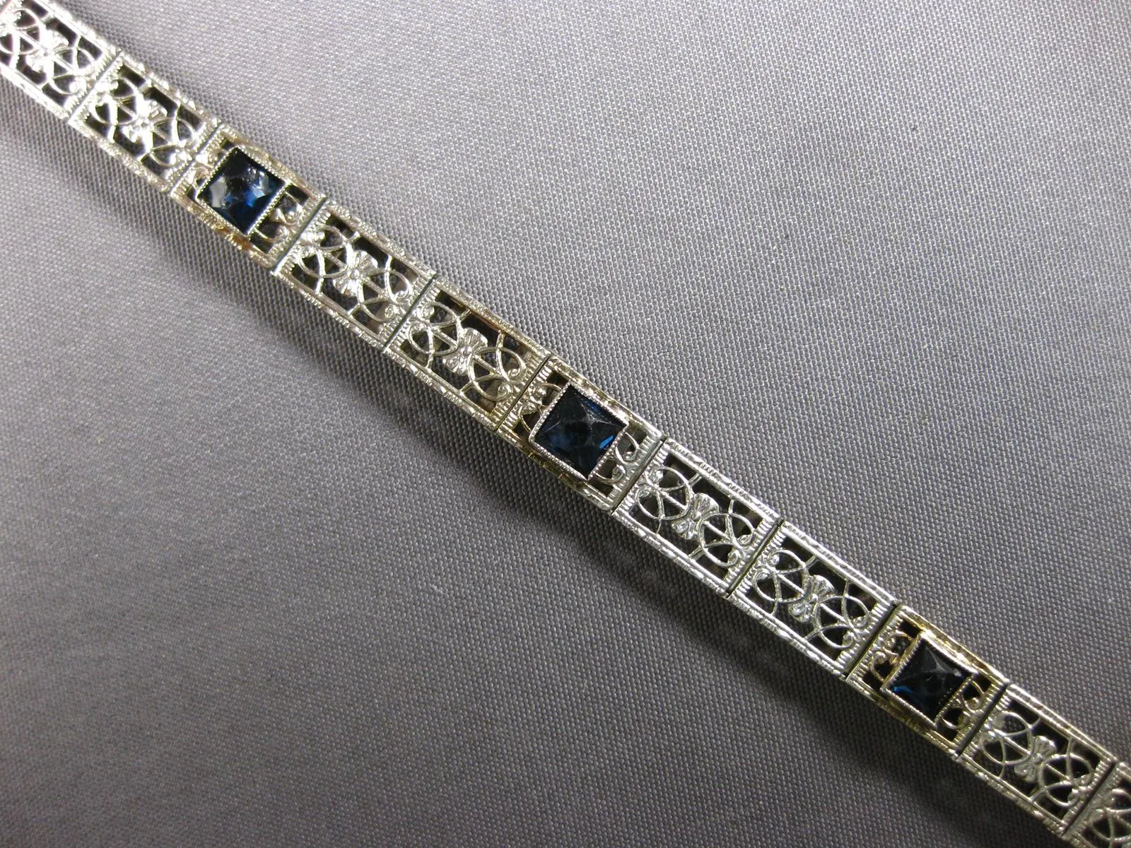 ANTIQUE .90CT AAA SAPPHIRE 14K WHITE GOLD ART DECO SQUARE TENNIS BRACELET #27816