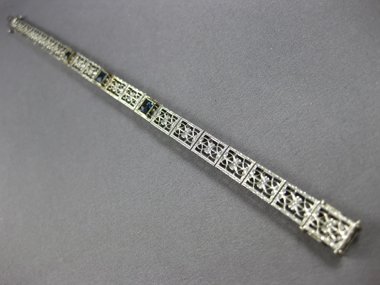 ANTIQUE .90CT AAA SAPPHIRE 14K WHITE GOLD ART DECO SQUARE TENNIS BRACELET #27816