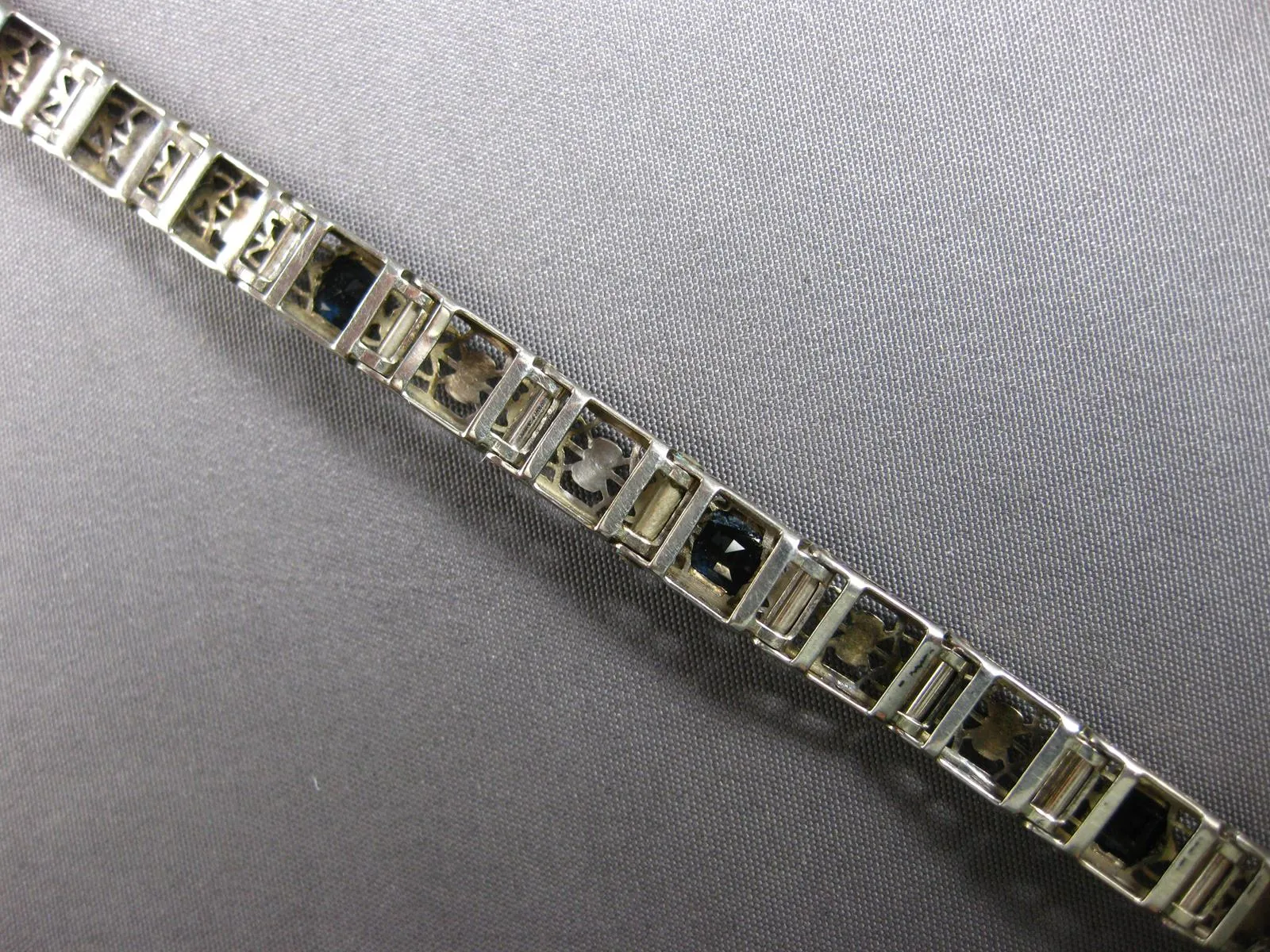 ANTIQUE .90CT AAA SAPPHIRE 14K WHITE GOLD ART DECO SQUARE TENNIS BRACELET #27816