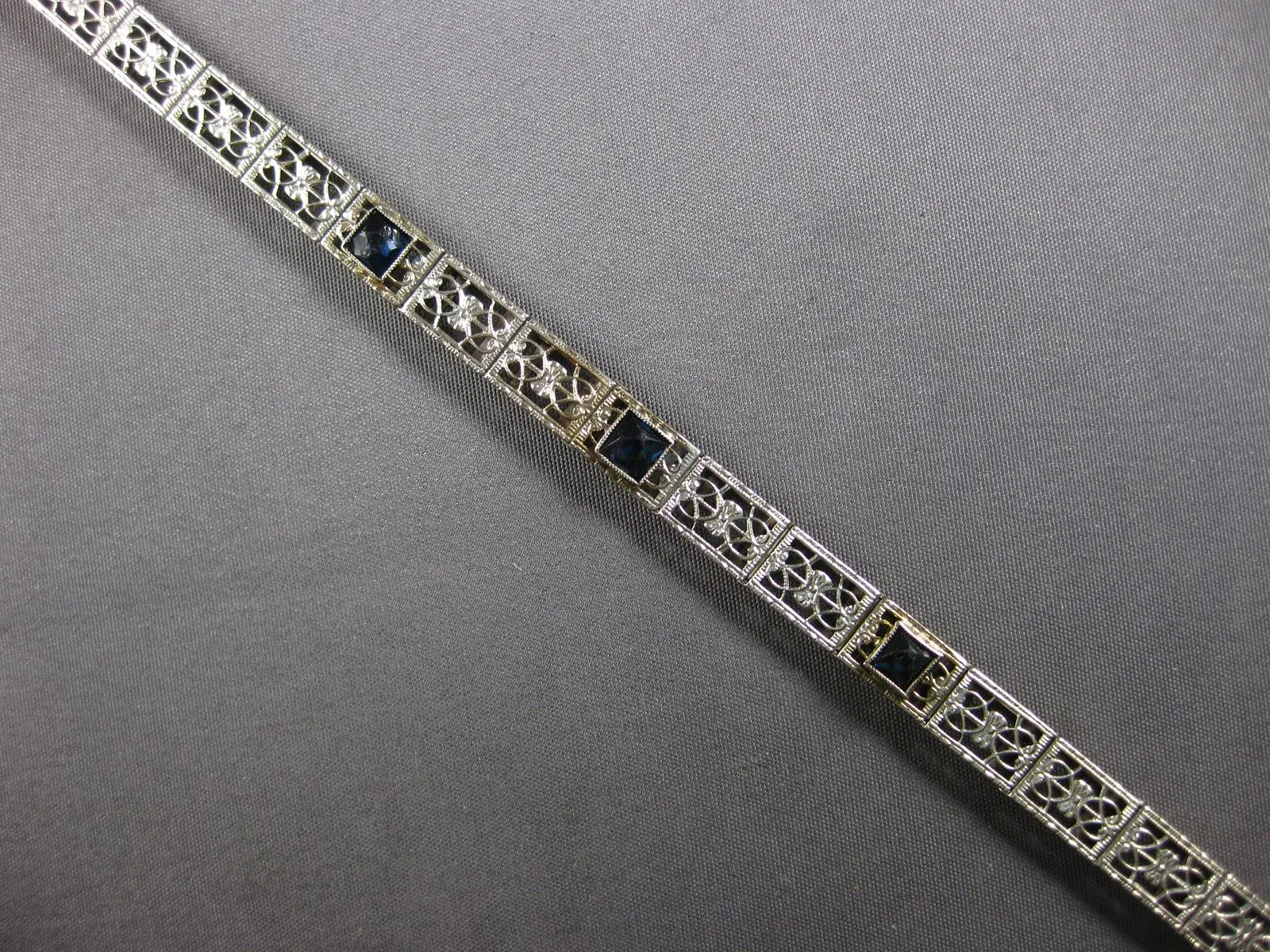 ANTIQUE .90CT AAA SAPPHIRE 14K WHITE GOLD ART DECO SQUARE TENNIS BRACELET #27816